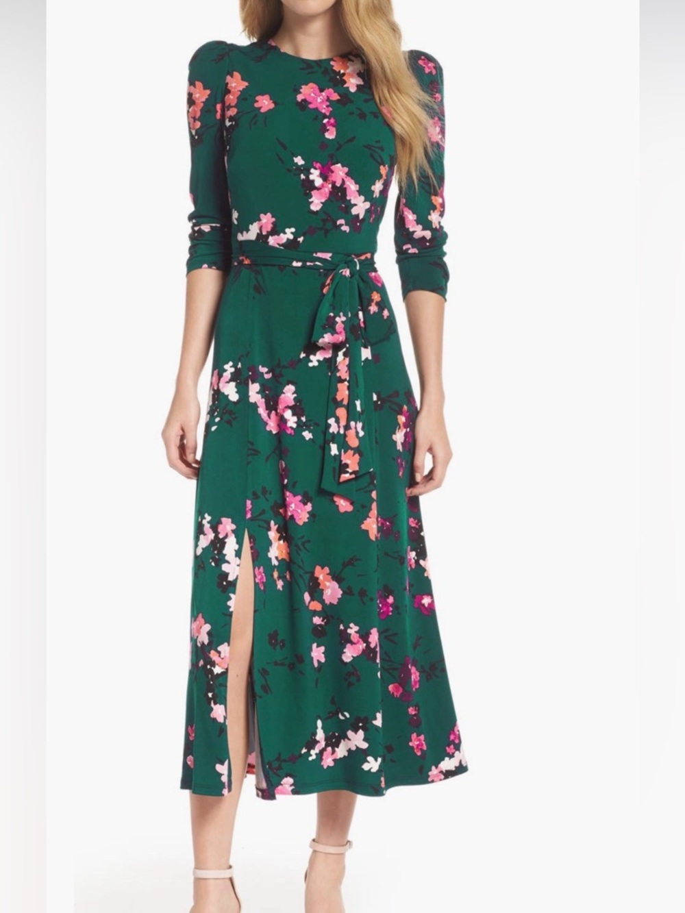 Eliza J  Floral Print Midi Dress with Pink Accents